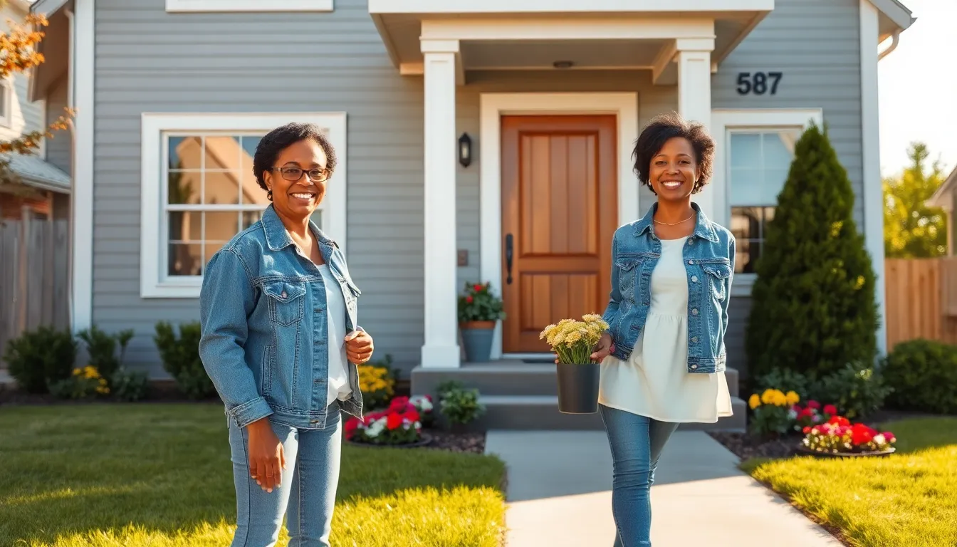 a renovated house with vibrant landscaping and a smiling homeowner.