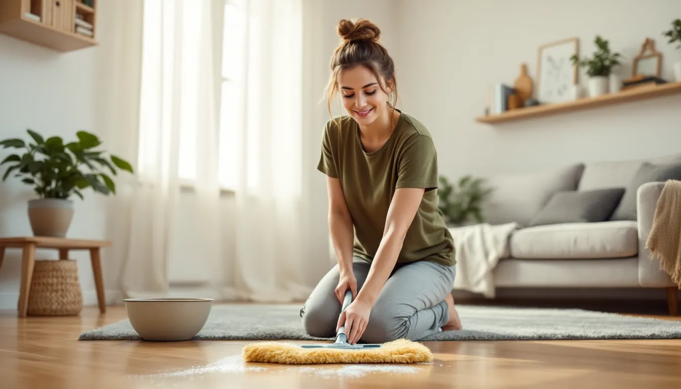 Woman damp-mopping a sunlit hardwood floor in a clean, decluttered living room.