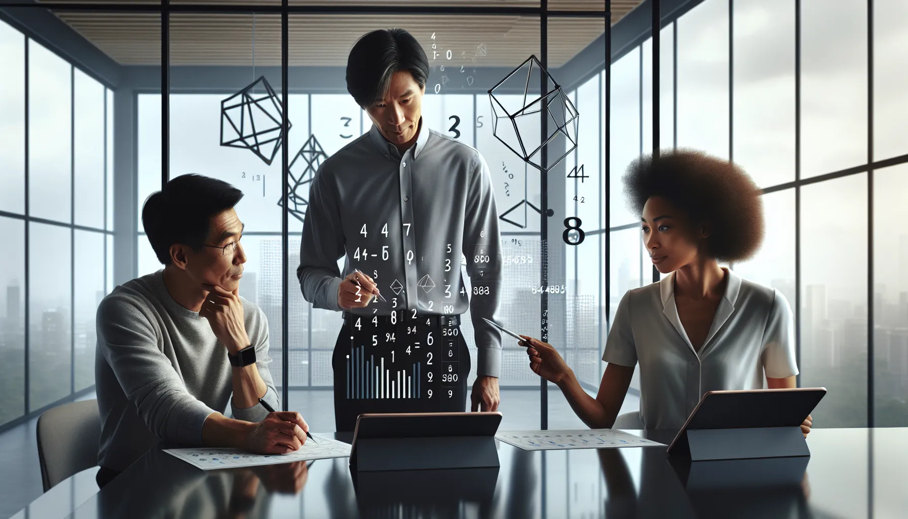 diverse professionals collaborating over mathematical sequences in a modern office.
