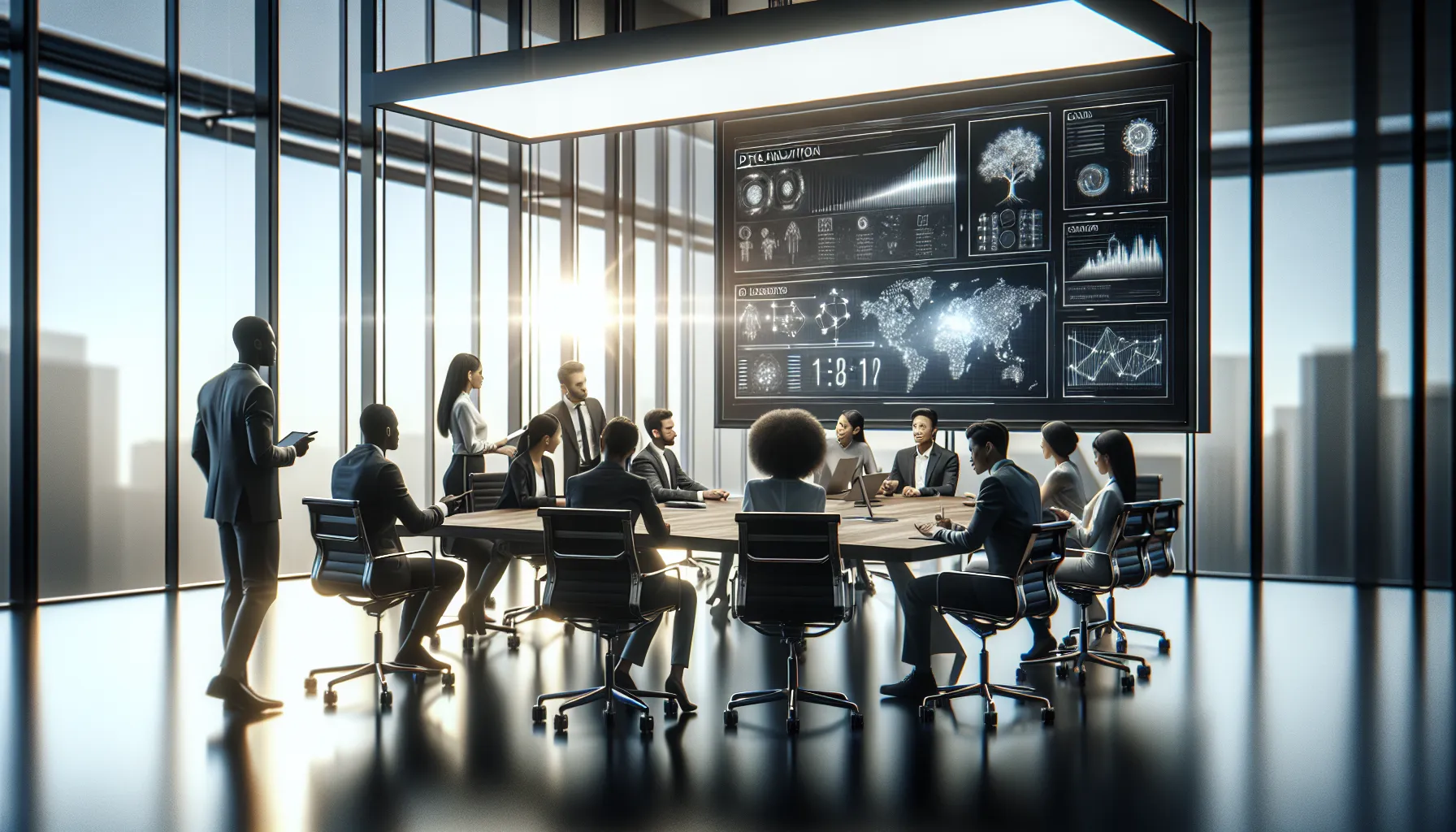 diverse team collaborating on AI advancements in a modern office.