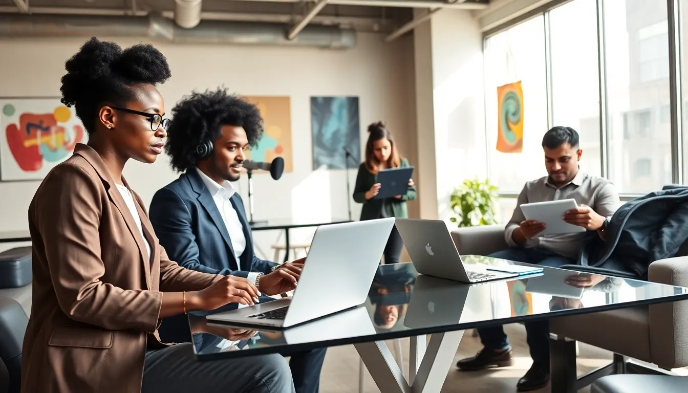 diverse creators collaborating in a modern co-working space.