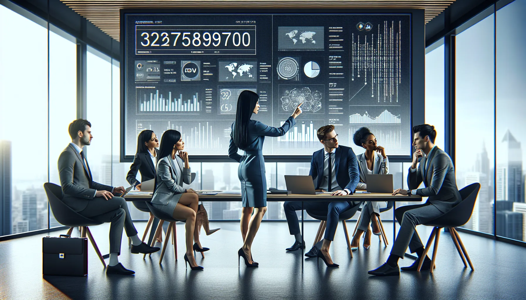 professionals collaborating in a modern office, discussing data analytics.