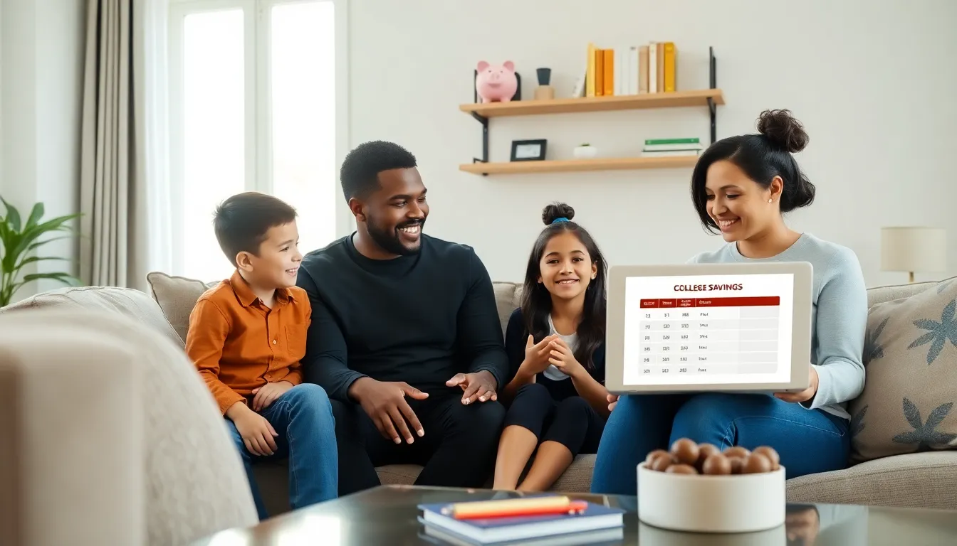 family discussing college savings in a modern living room.