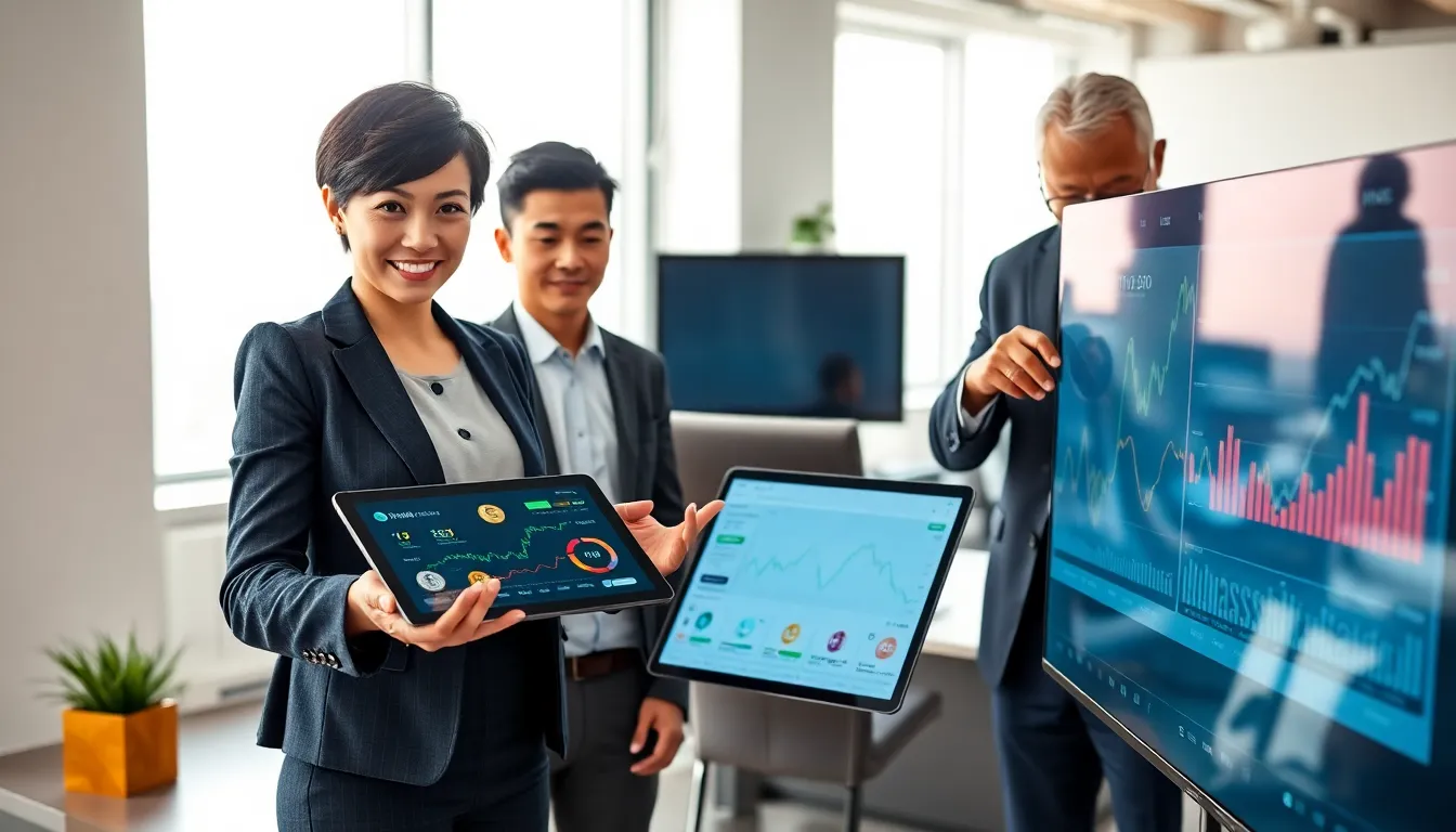 diverse professionals discussing cryptocurrency in a modern office setting.