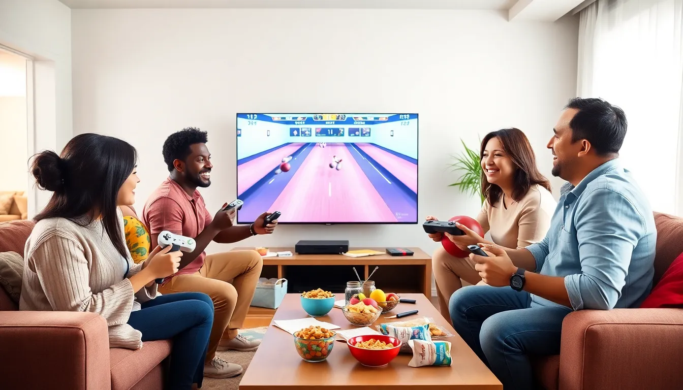 diverse group playing Wii Sports in a modern living room.