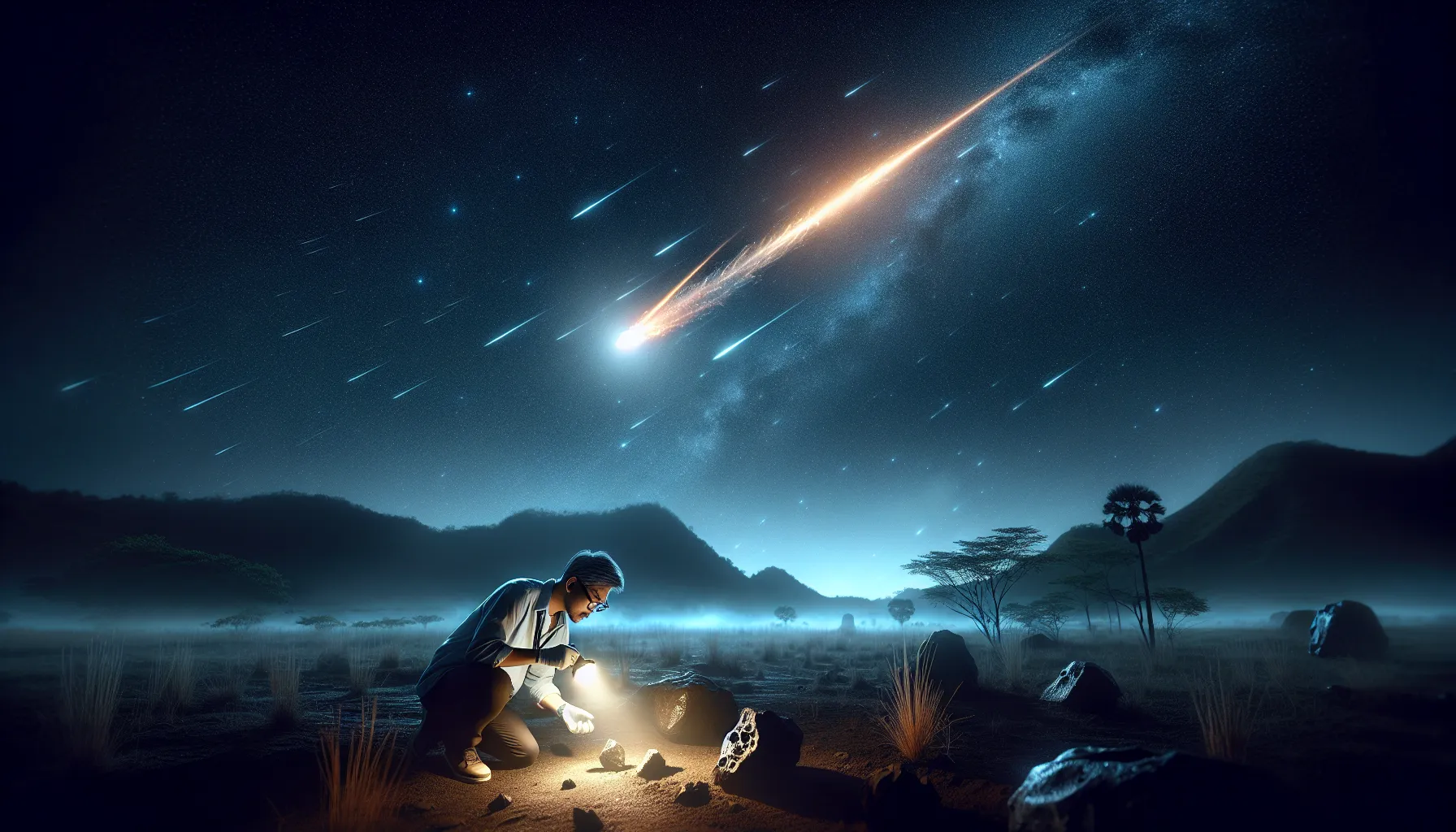 A meteor streaks across the sky; a scientist examines a meteorite on the ground.