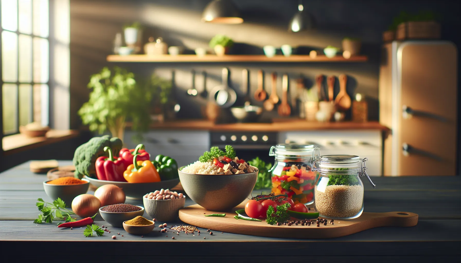 Colorful ingredients of fojatosgarto displayed on a kitchen countertop.