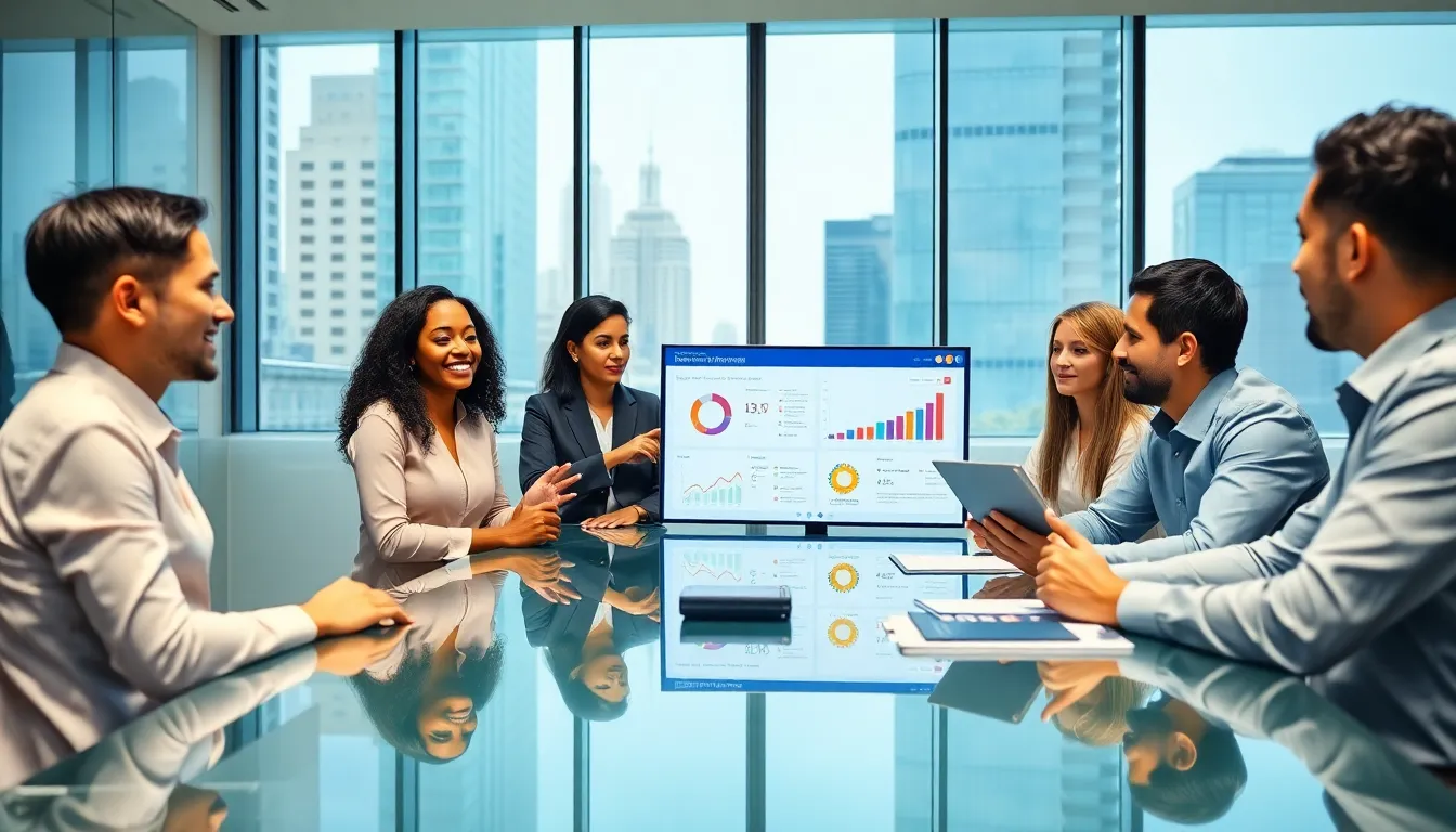 diverse team discussing property management strategies in a modern office.