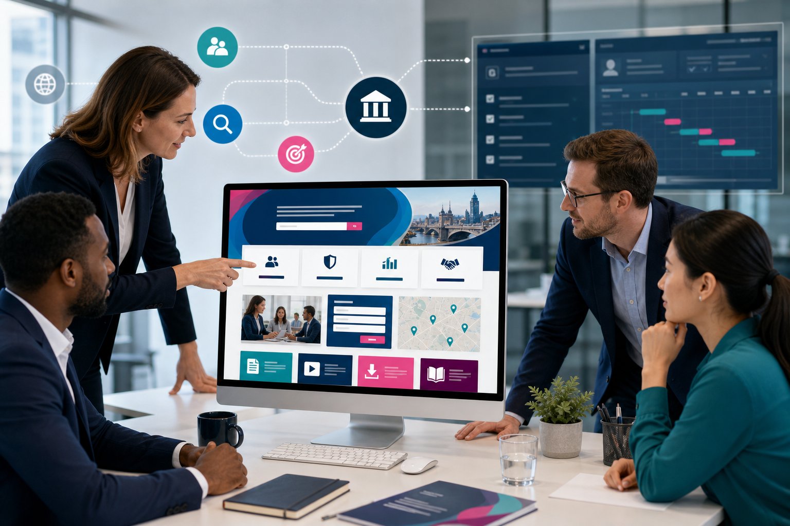 Professionals reviewing a public website interface in a modern office.
