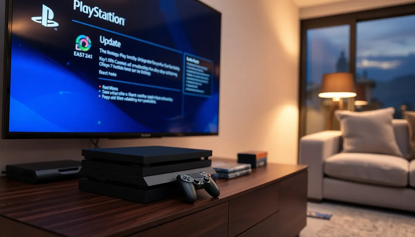A PS4 console with a controller and update screen in a cozy living room.