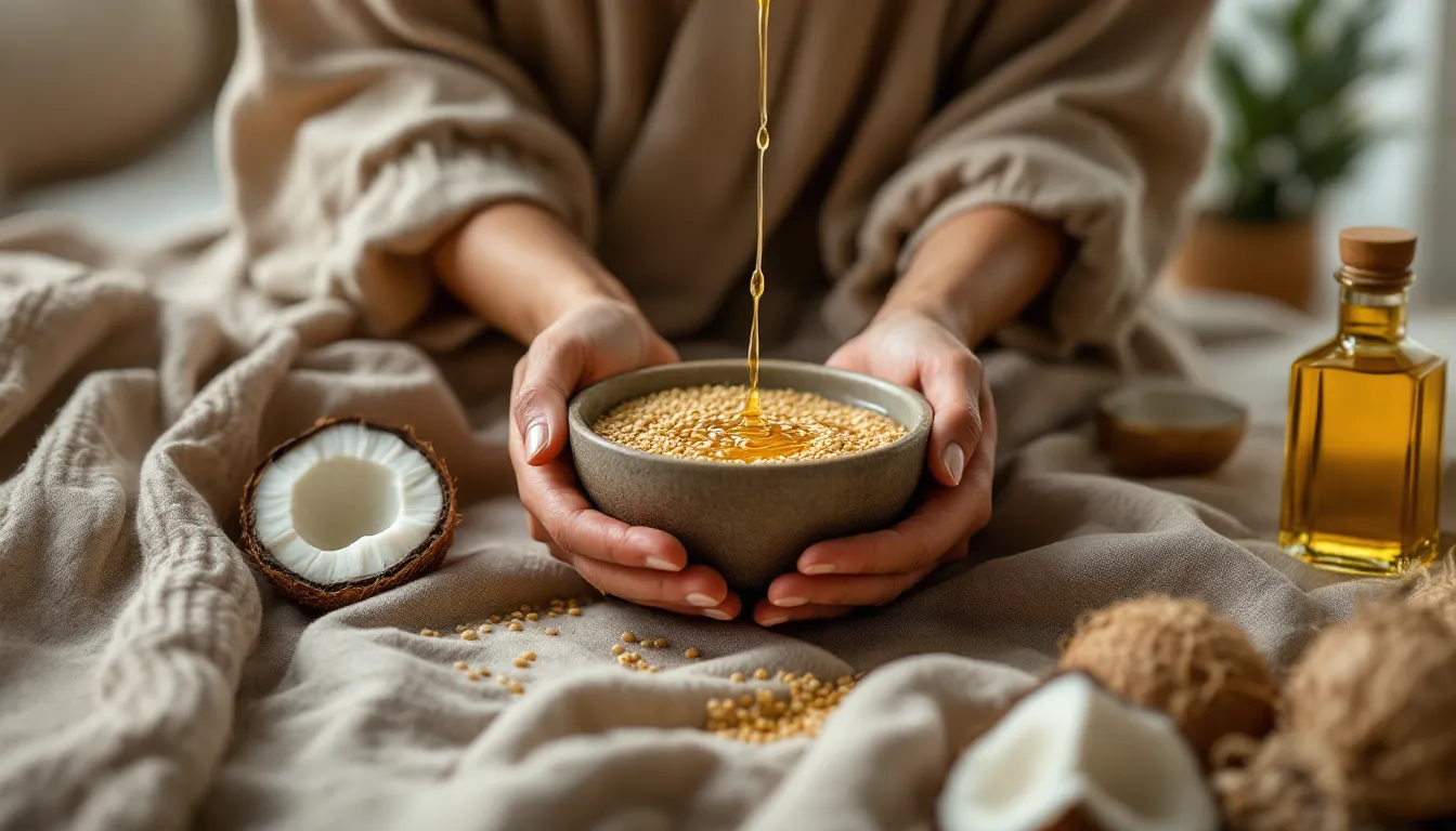 Hands holding a bowl of warm sesame oil with ghee and coconut nearby.
