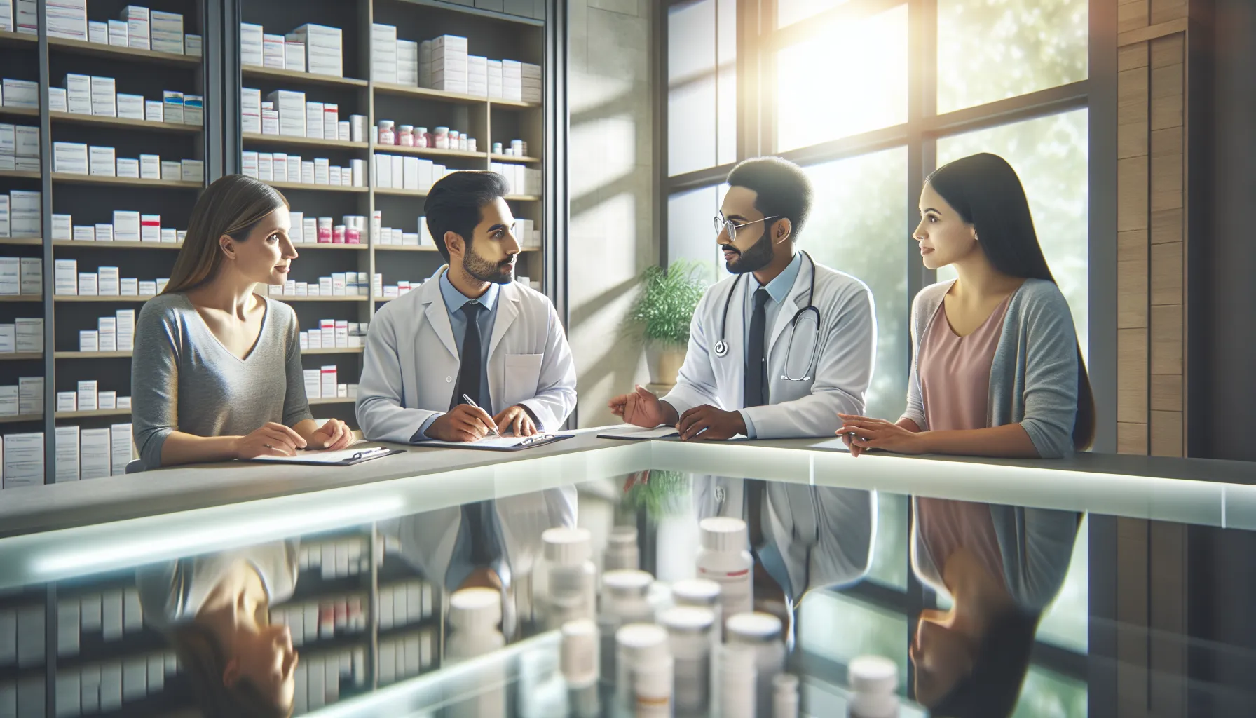 Health professionals discussing the benefits of mexxicams in a modern pharmacy.