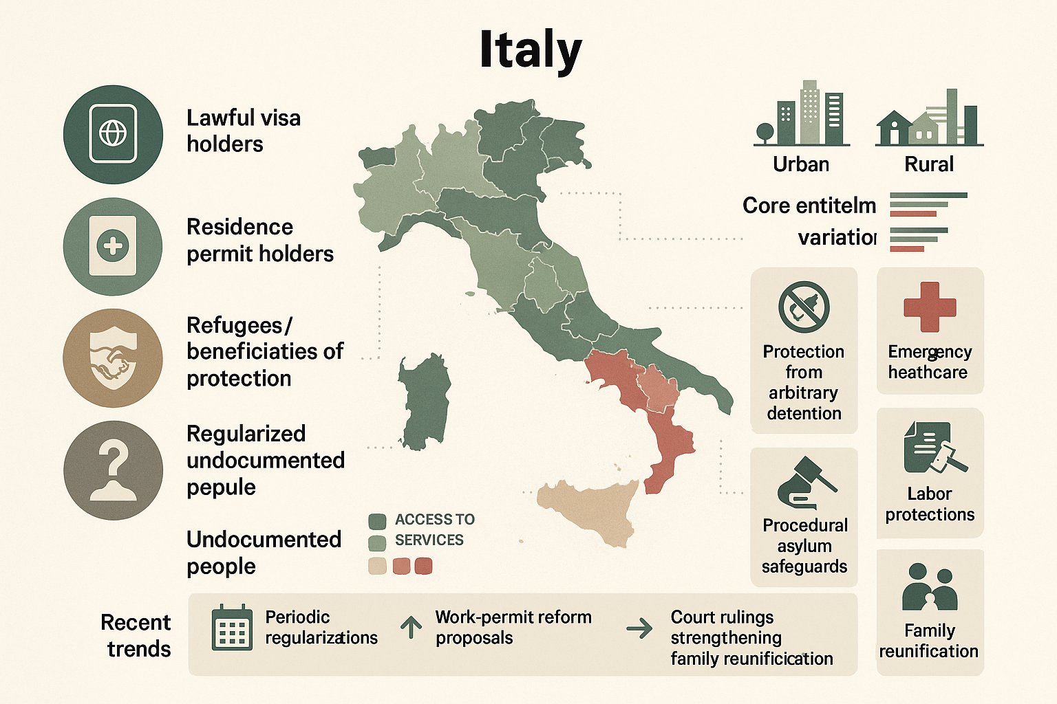 Mappa infografica dell'Italia che mostra categorie di migranti, diritti e differenze di accesso regionali.