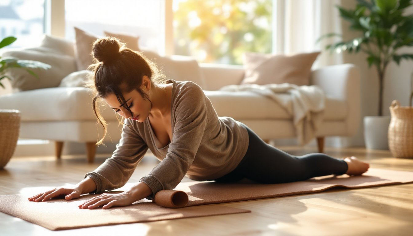 Woman doing a gentle cat-cow stretch on a yoga mat in morning sunlight.