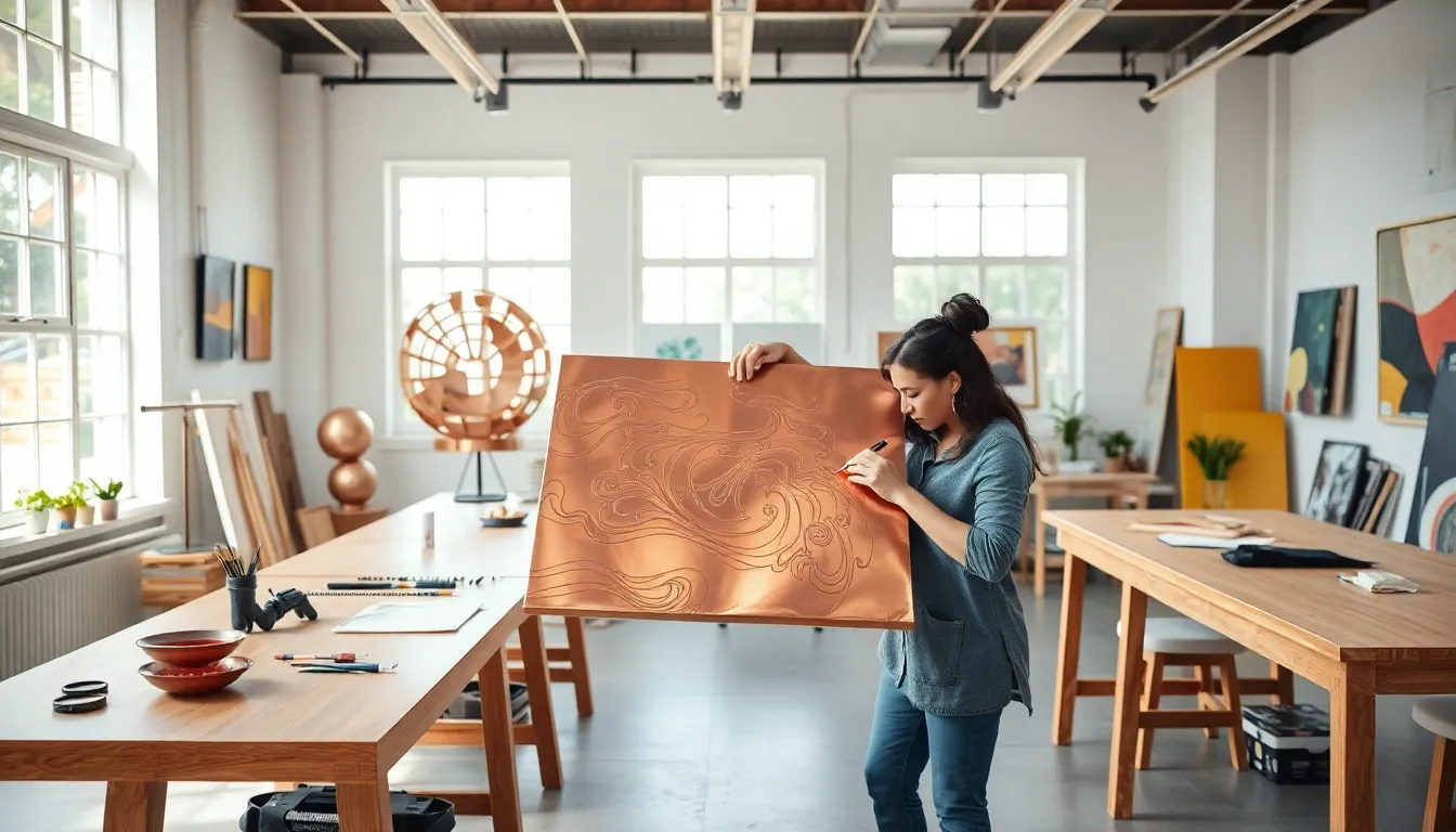 artist creating copper canvas art in a modern studio.