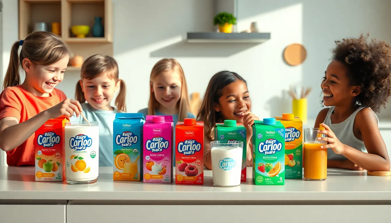 Children enjoying colorful nutrition drinks in a bright kitchen.