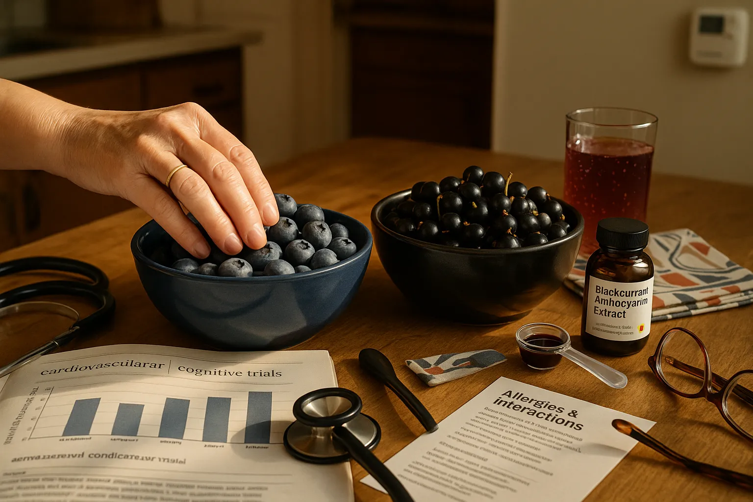 Two bowls of blackcurrants and blueberries with research materials and an elderly hand.
