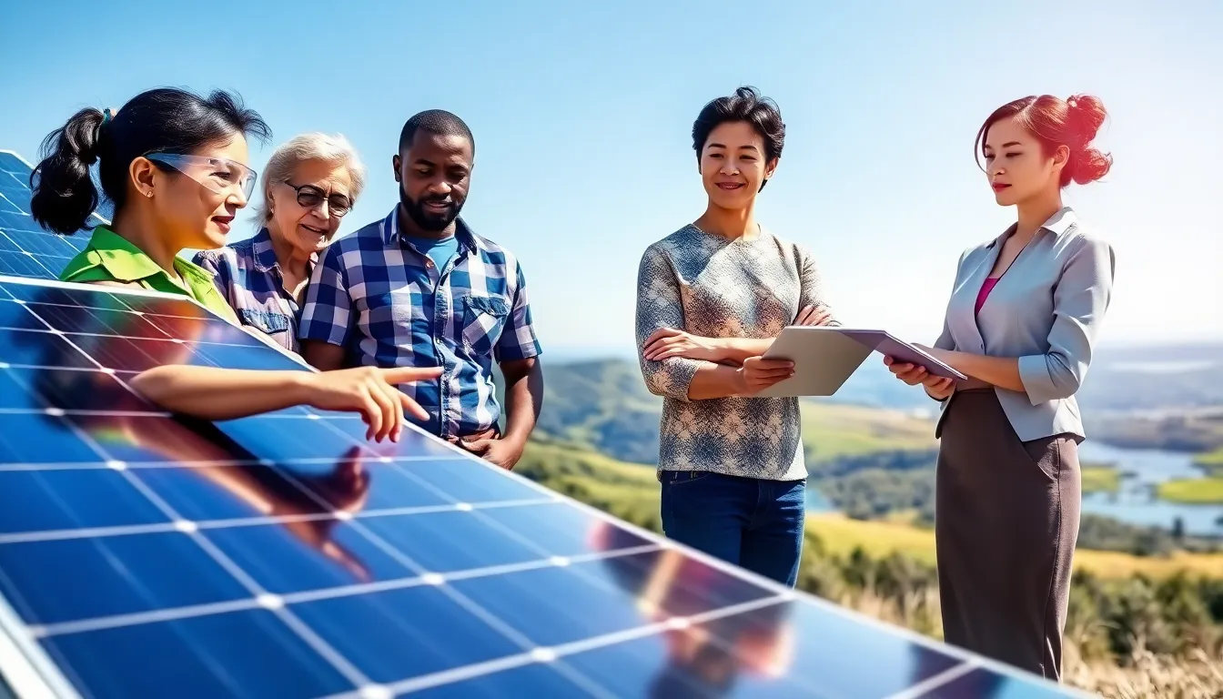 A diverse group discussing solar panels in a sunny outdoor setting.