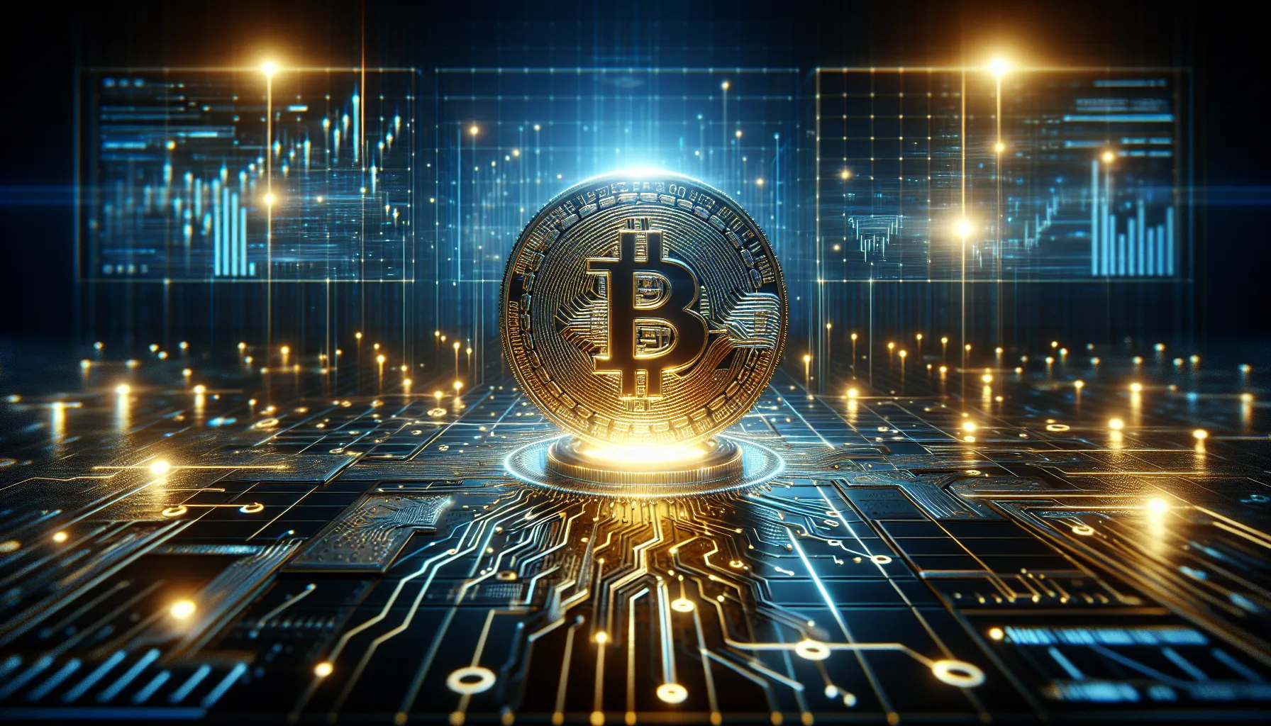 A glowing cryptocurrency token emerging from a digital blockchain network with holographic trading charts.