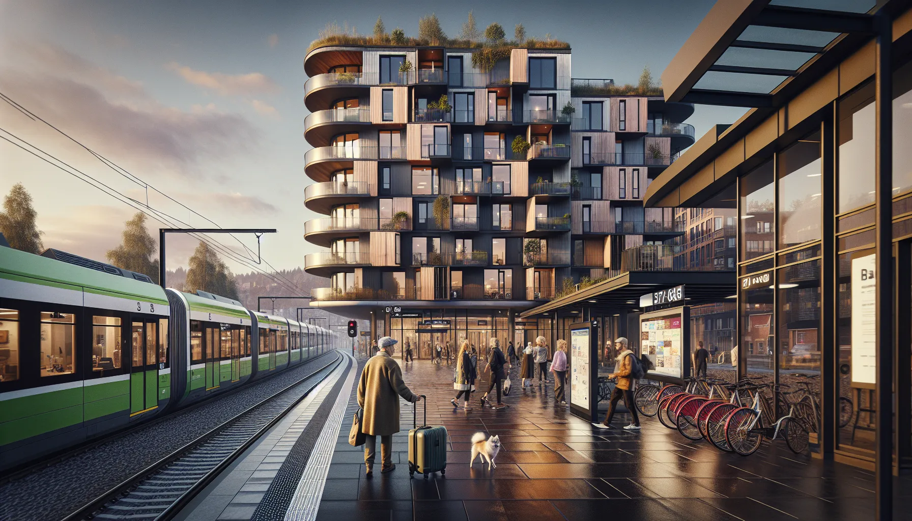 Transit-oriented apartments by a norwegian station with students and commuters at dusk.