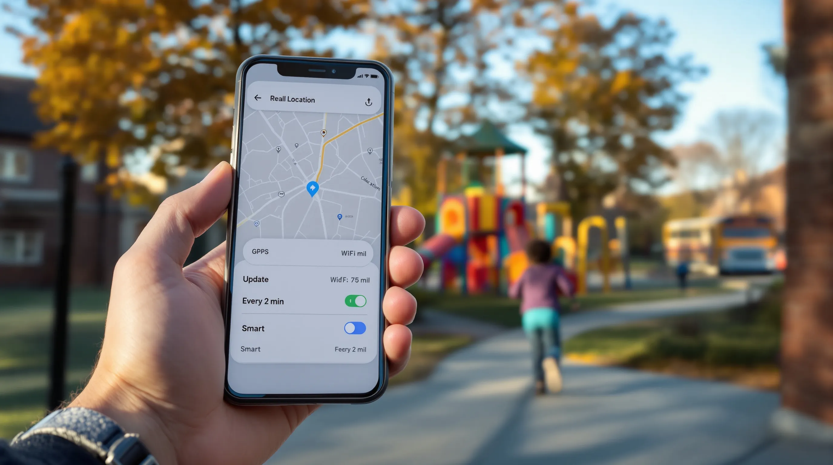 Parent tracks child with GPS smartwatch at a sunny U.S. school playground.