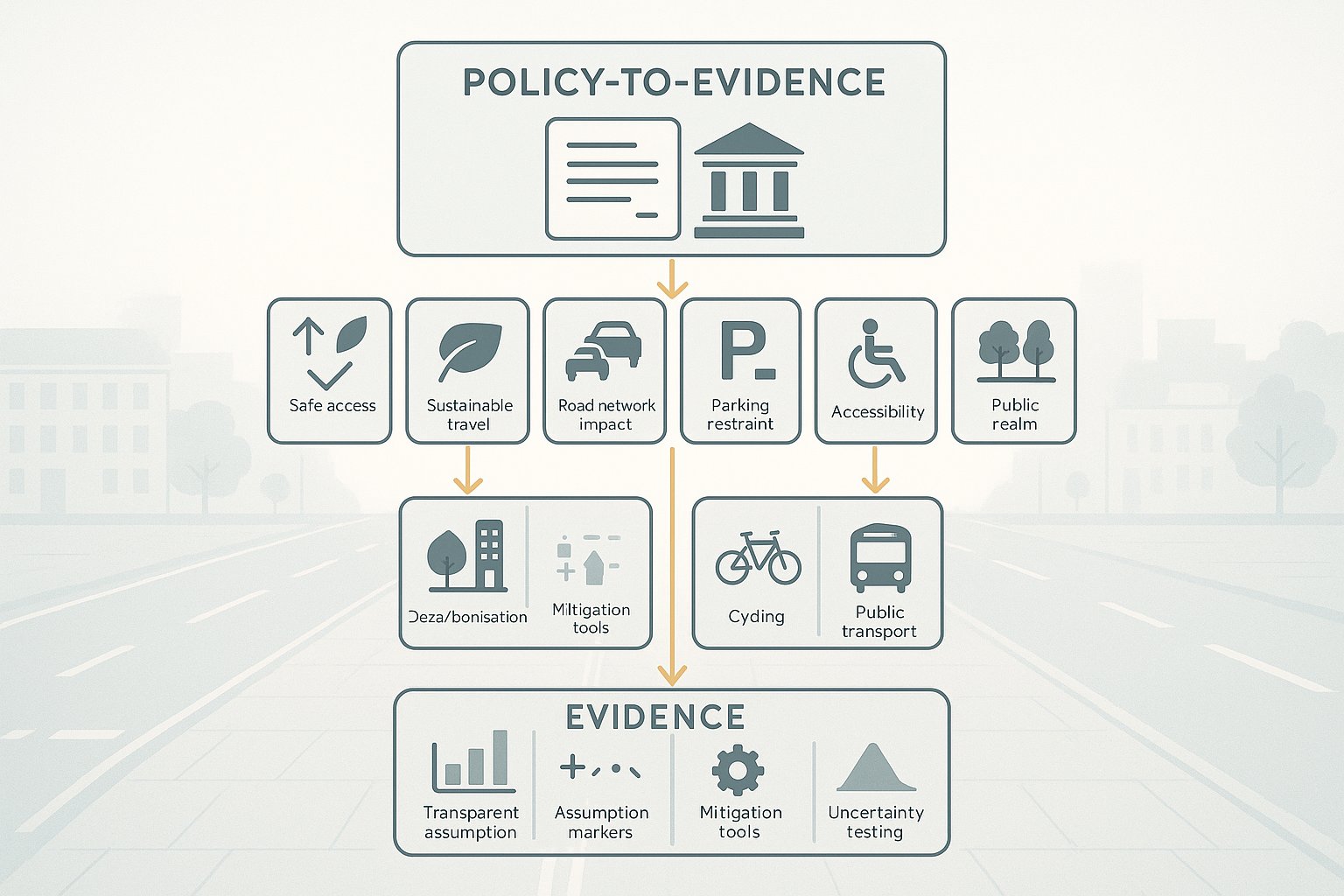 UK planning policy infographic for an office transport assessment framework.