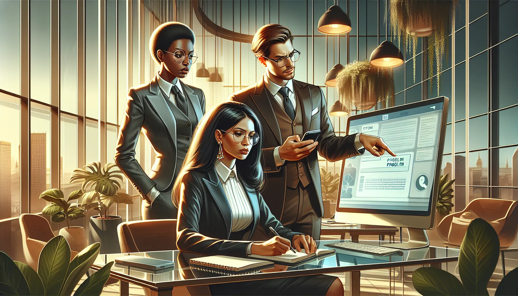 three professionals troubleshooting a phone service issue in a modern office.