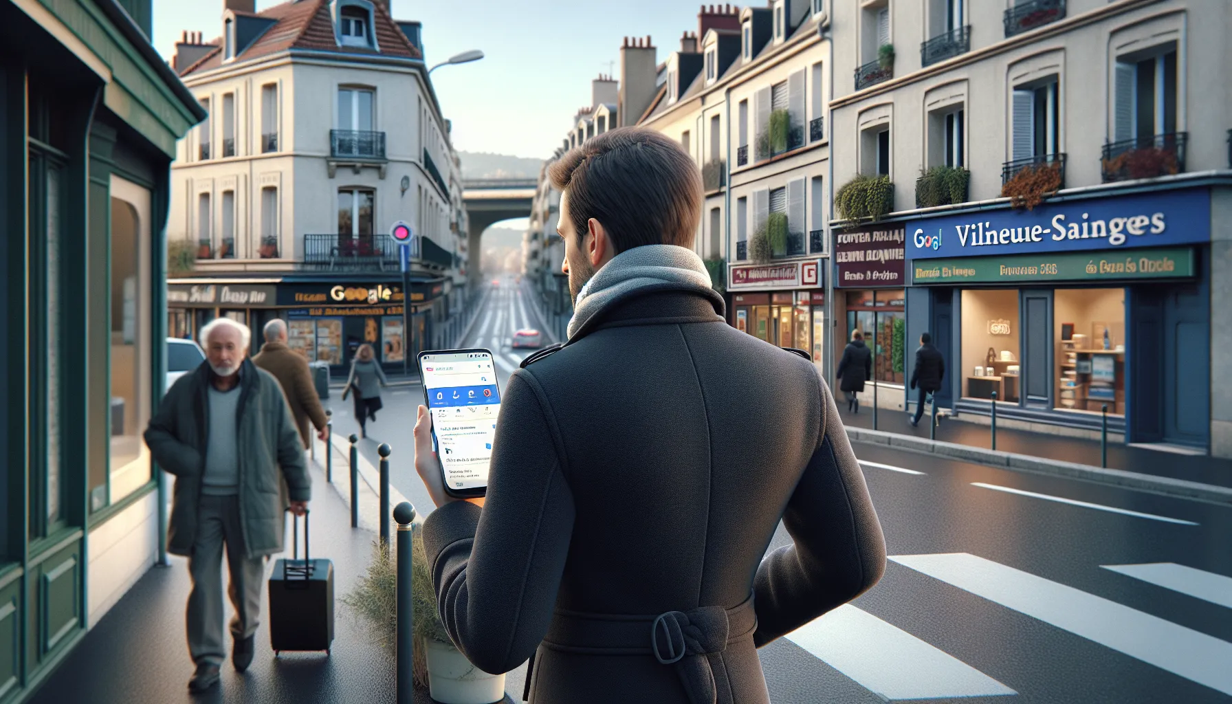 Man on a Villeneuve-Saint-Georges street choosing a local business on Google.