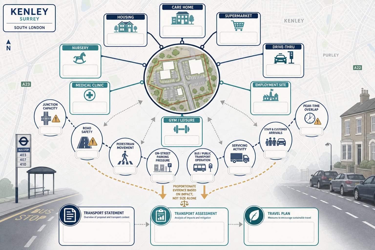Infographic of planning applications in Kenley that often need transport evidence.