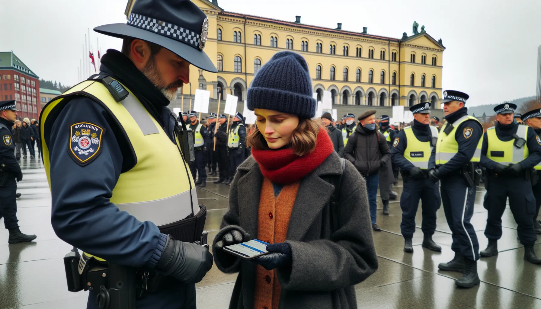 Organizer shows police notification at peaceful Oslo protest near Storting.