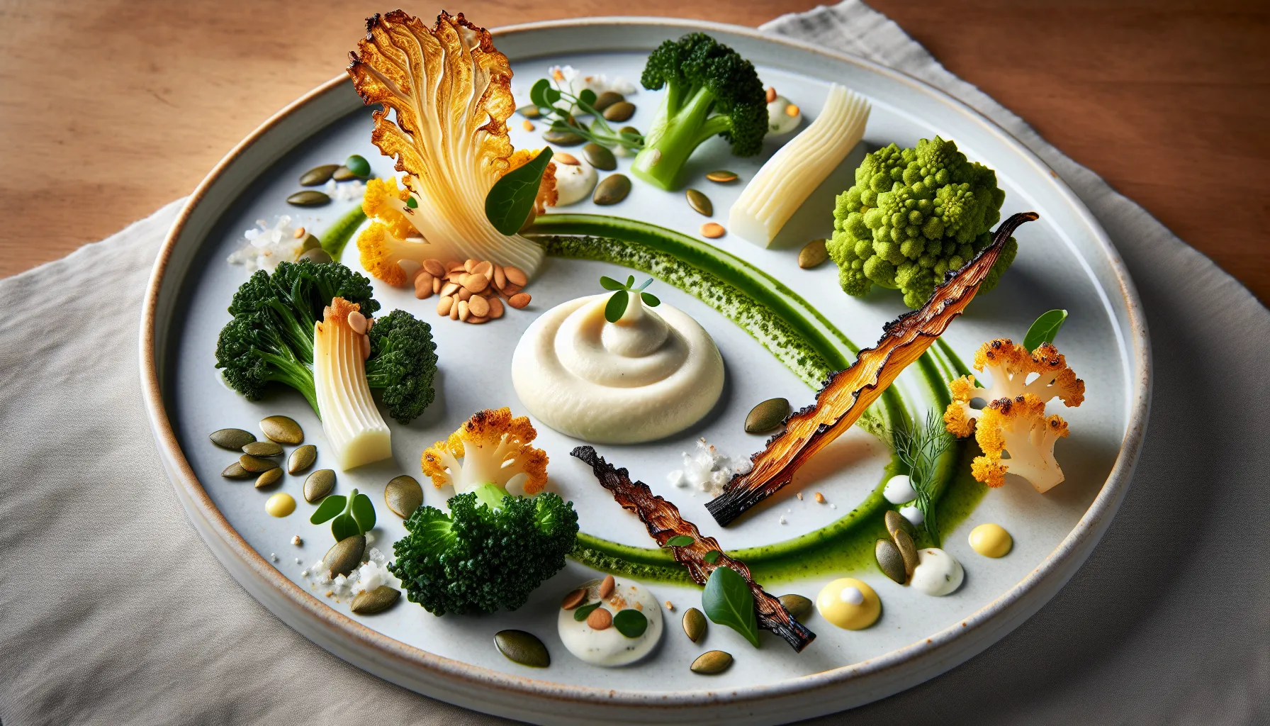 Nordic plated vegetables with celeriac purée, kale chips, and yogurt foam.