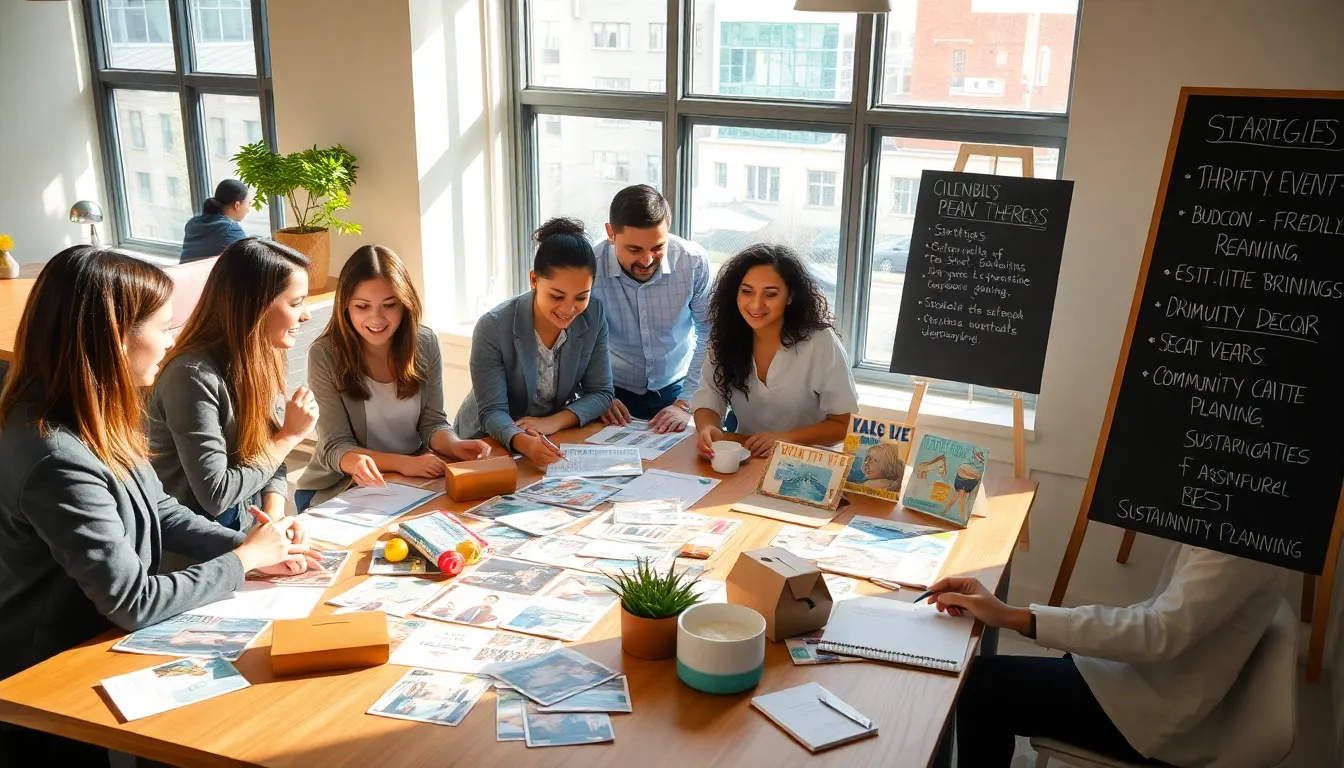 diverse team planning a budget-friendly event in a modern office.