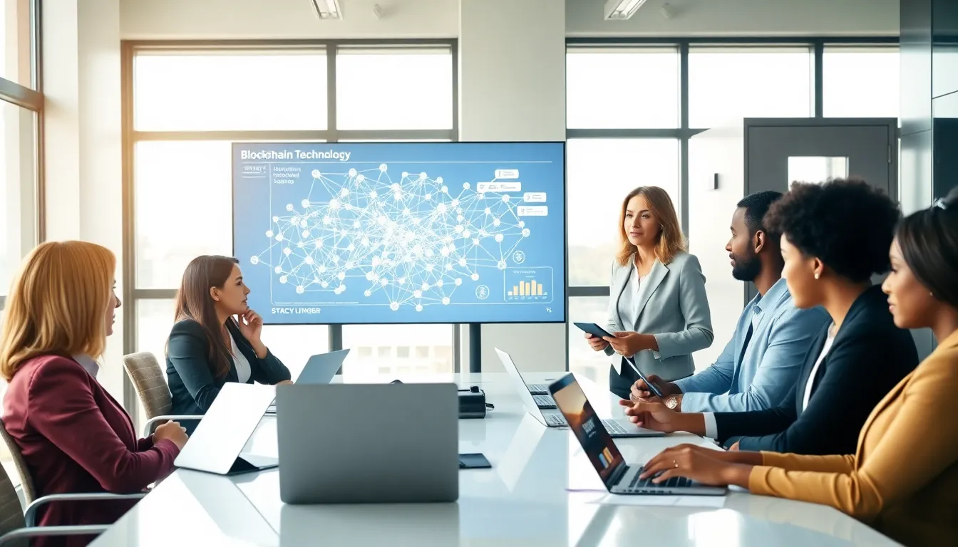 diverse professionals discussing blockchain technology in a modern office.