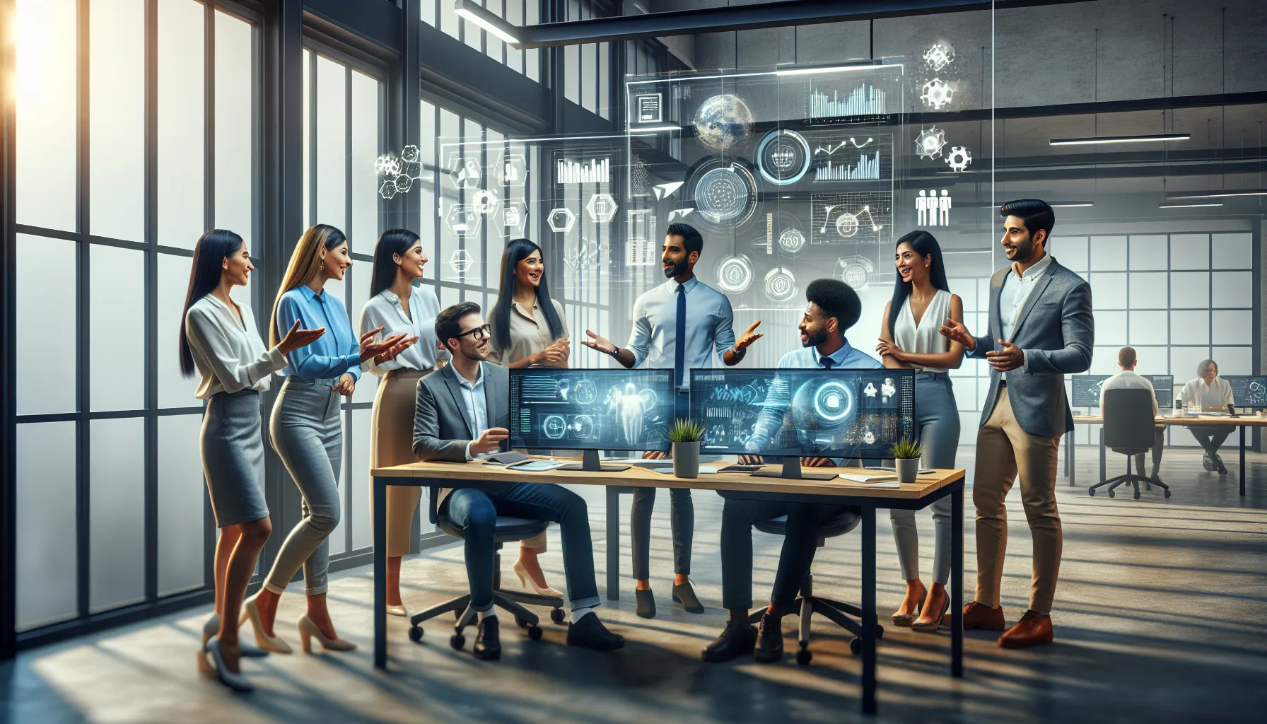 diverse professionals collaborating in a modern office setting.