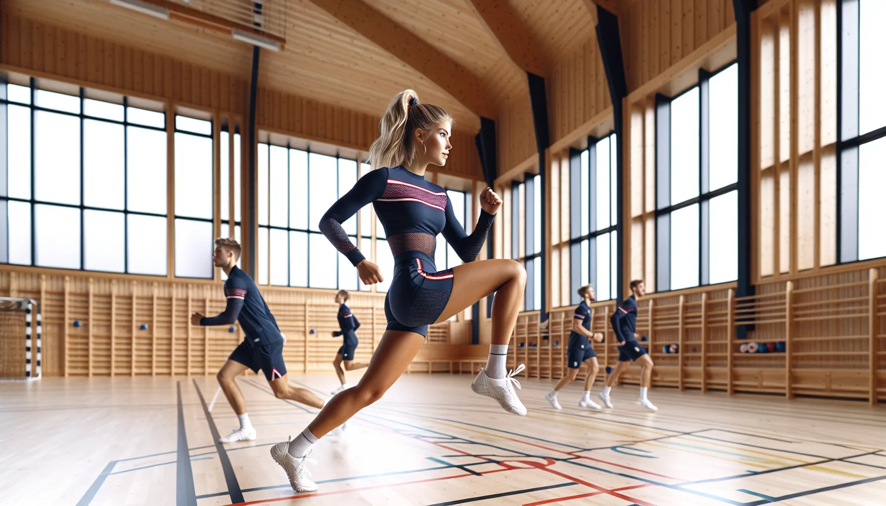 Norwegian cheerleader lunges with overhead reach during warm-up, teammates behind.