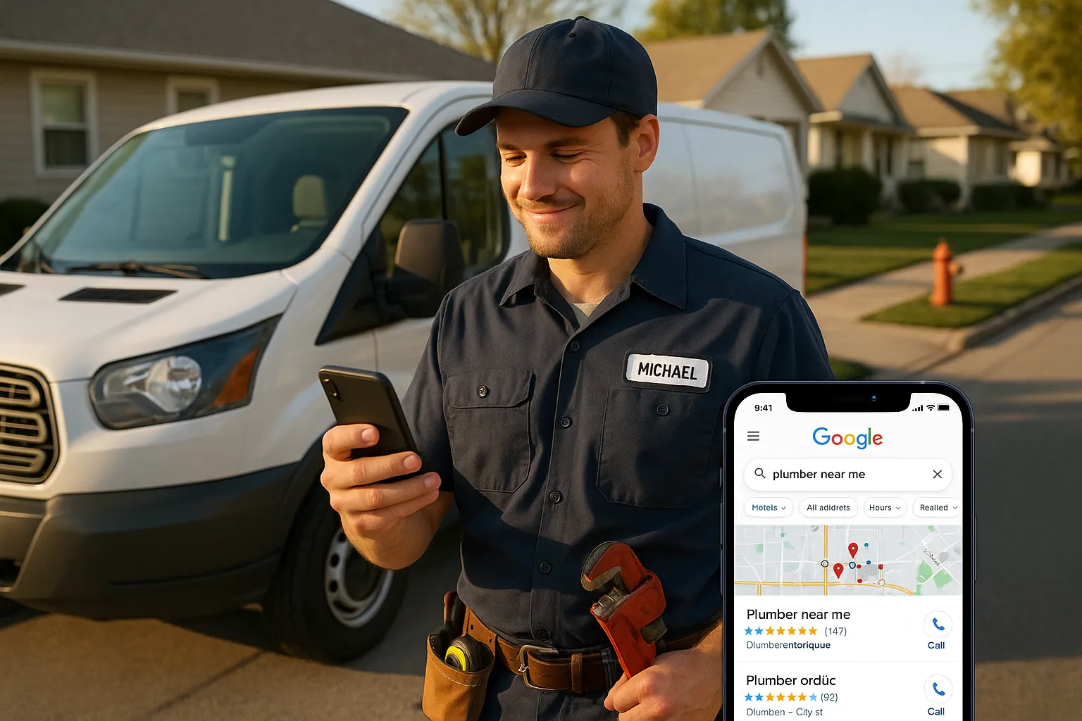Plumber by his van checks a local Google search for plumbers on his phone.