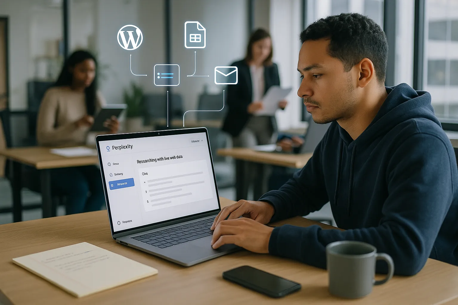A professional automates research workflows with Perplexity on a laptop in a modern office.