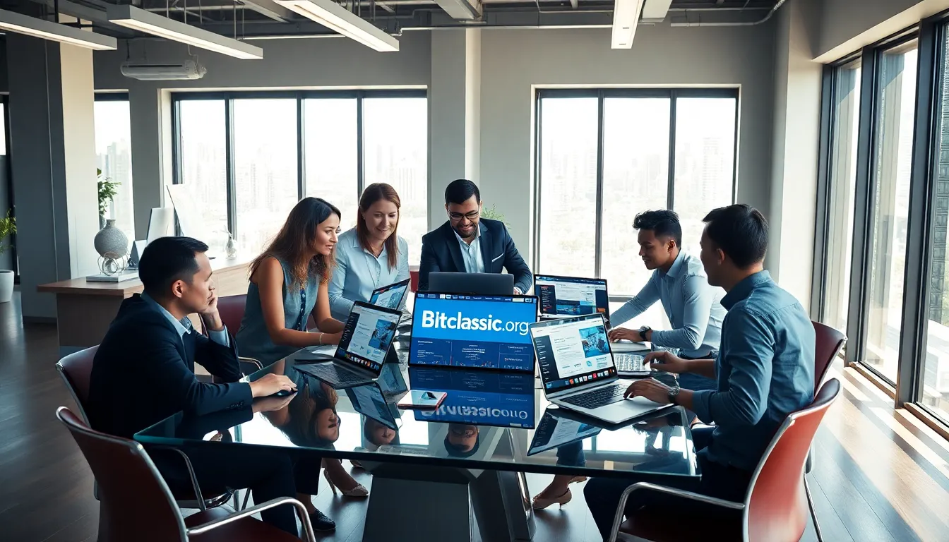 diverse professionals collaborating on cryptocurrency in a modern office.