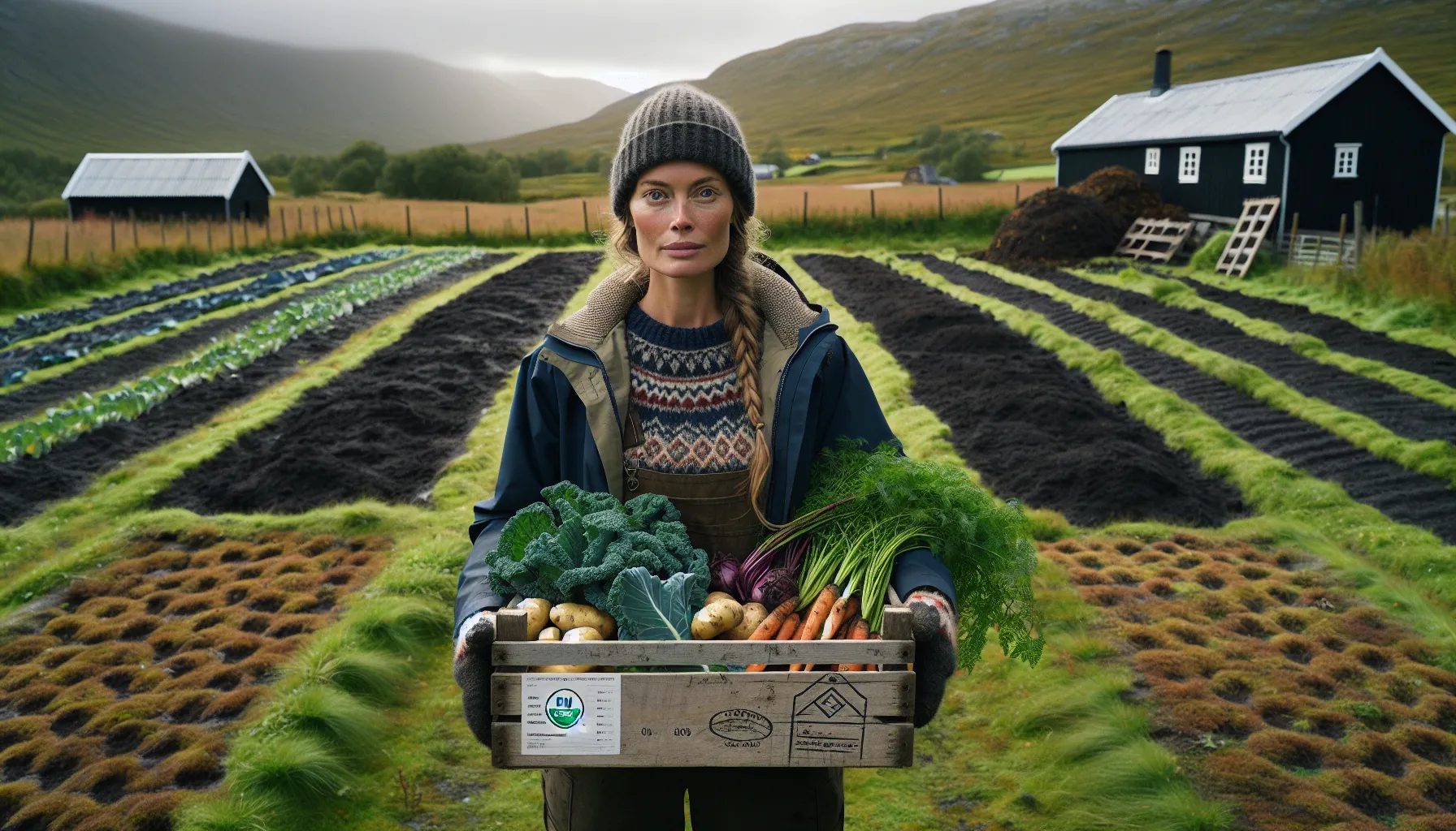 Norwegian farmer holds certified organic produce on a fjordside farm.