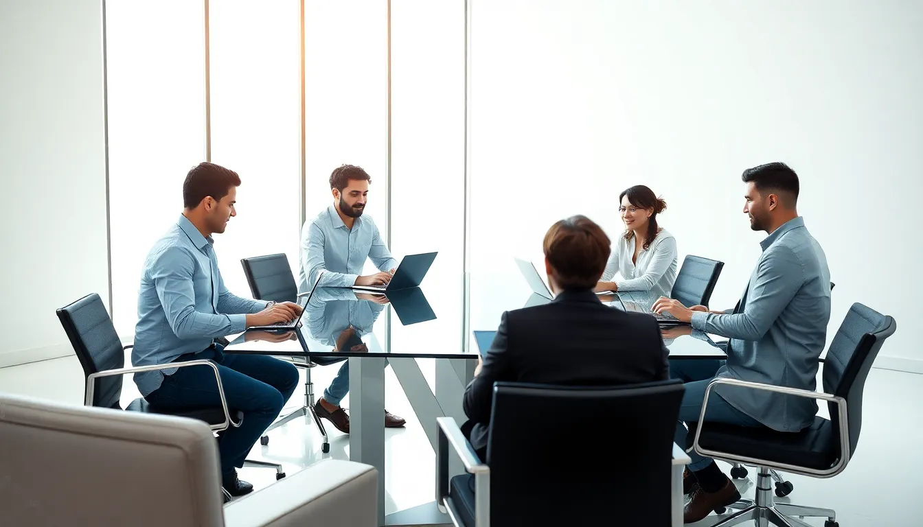 diverse professionals discussing technology in a modern office.
