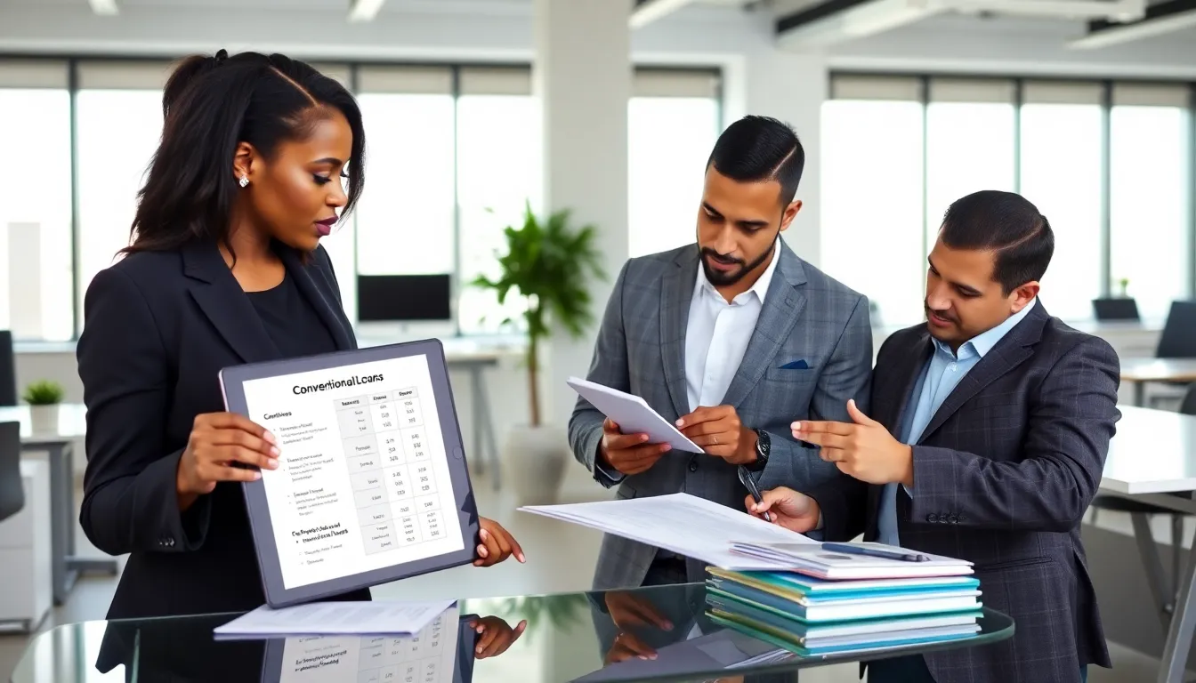 financial advisors discussing conventional vs FHA loans in a modern office.