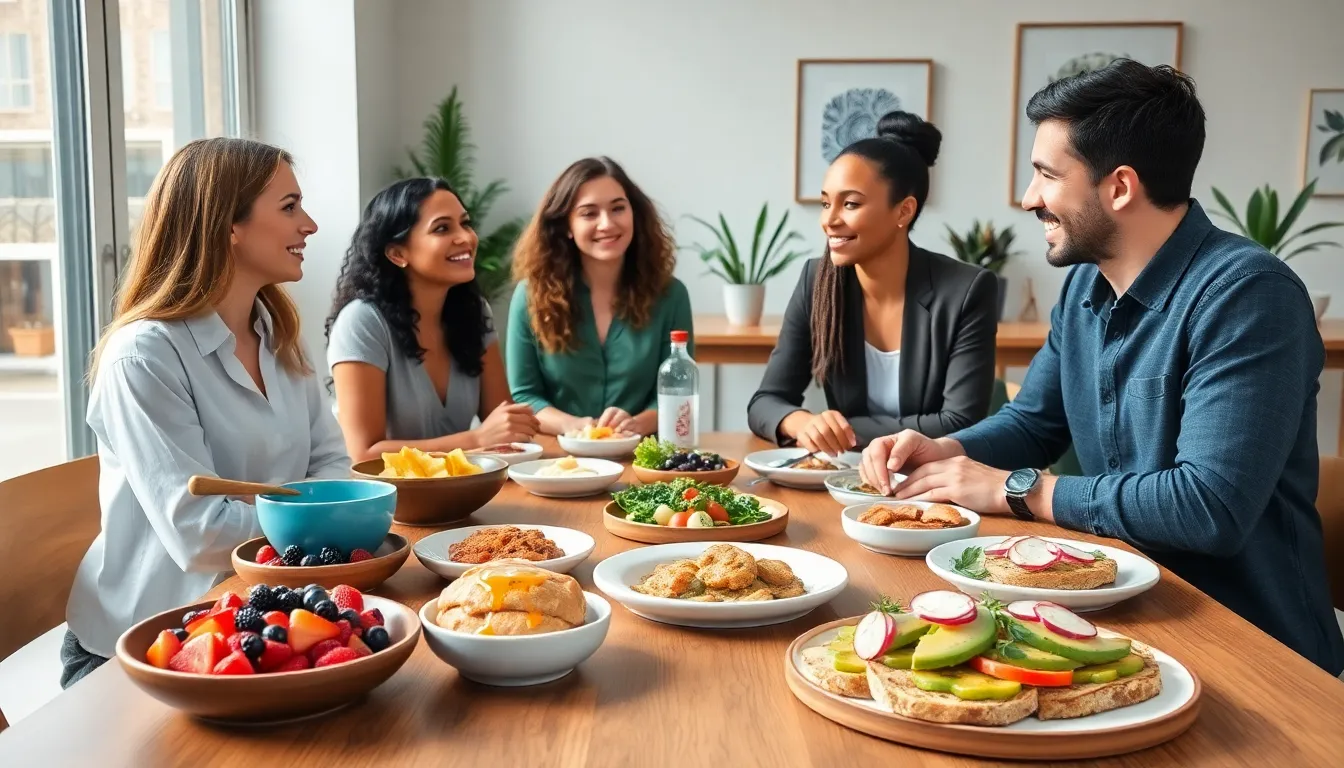 a diverse group enjoying a healthy brunch with fresh fruits and whole grains.