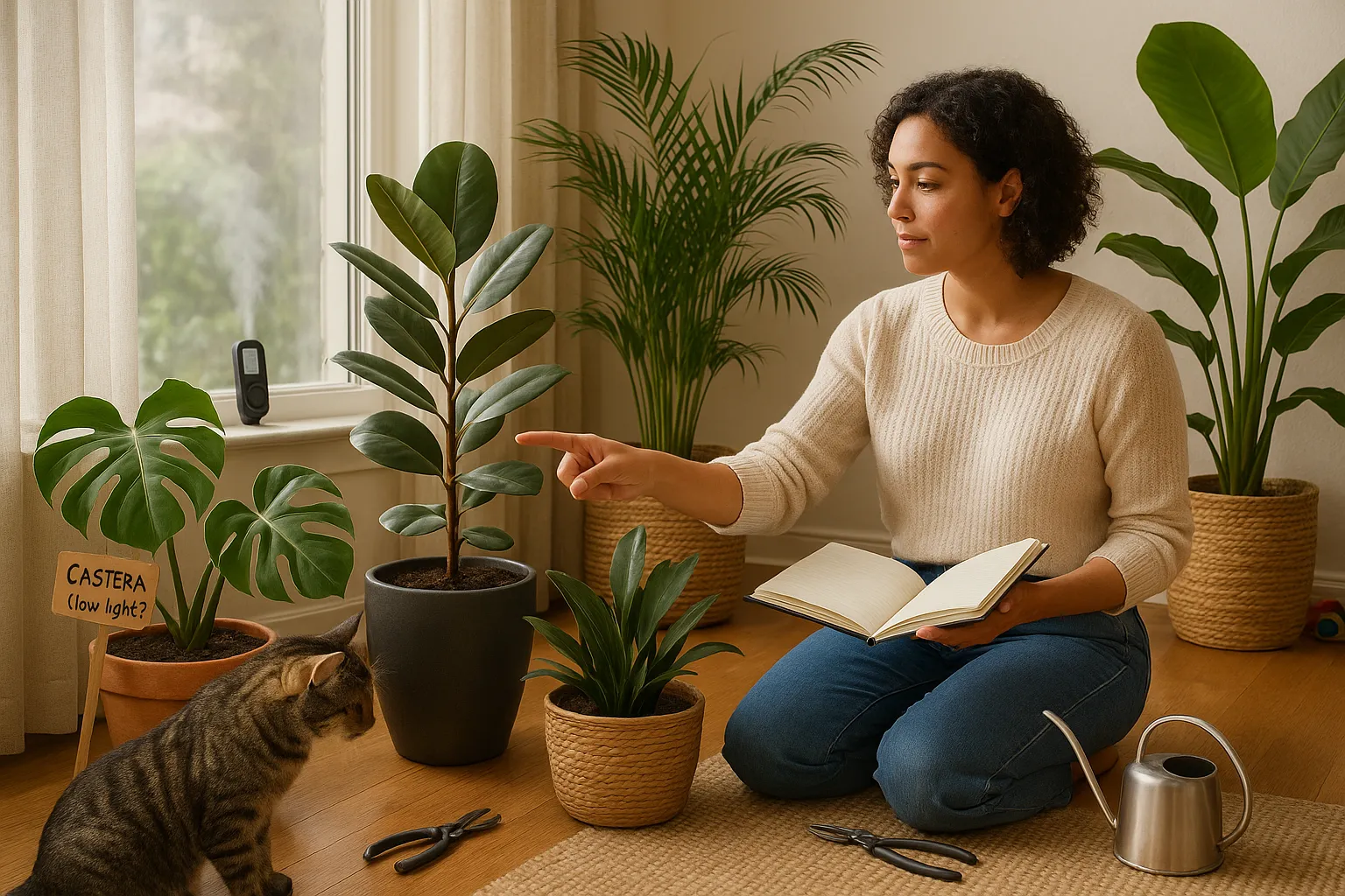 Homeowner comparing houseplants by a sunny window with a cat and humidifier.
