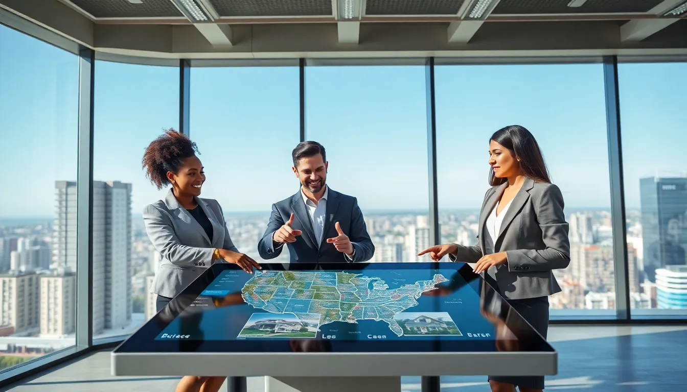 professionals discussing real estate technology in a modern office setting.