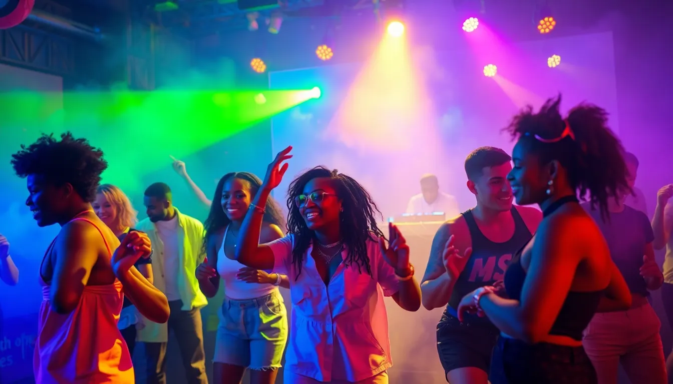 diverse group dancing at a energetic dance party.