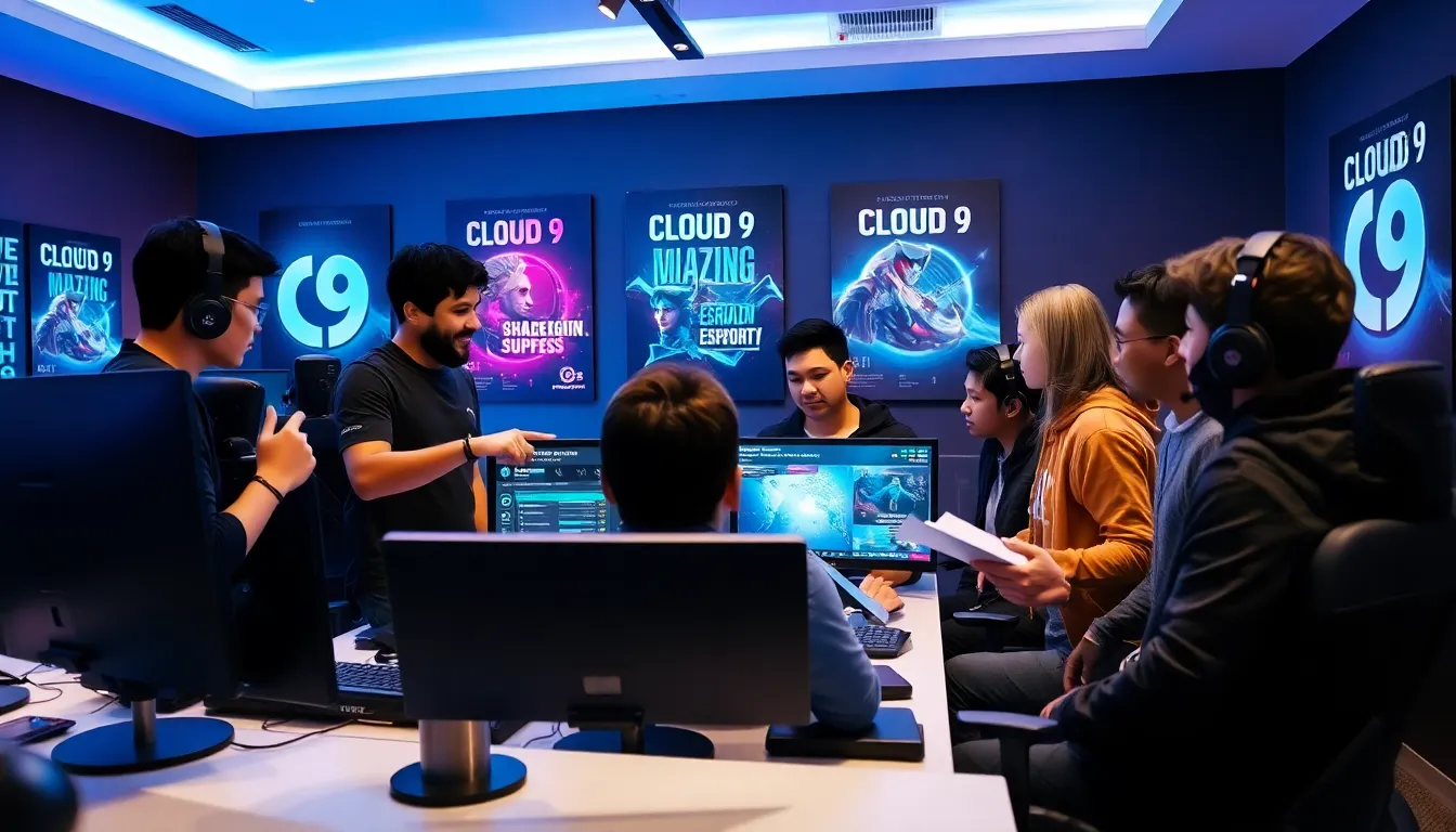 diverse esports team collaborating in a modern gaming office.