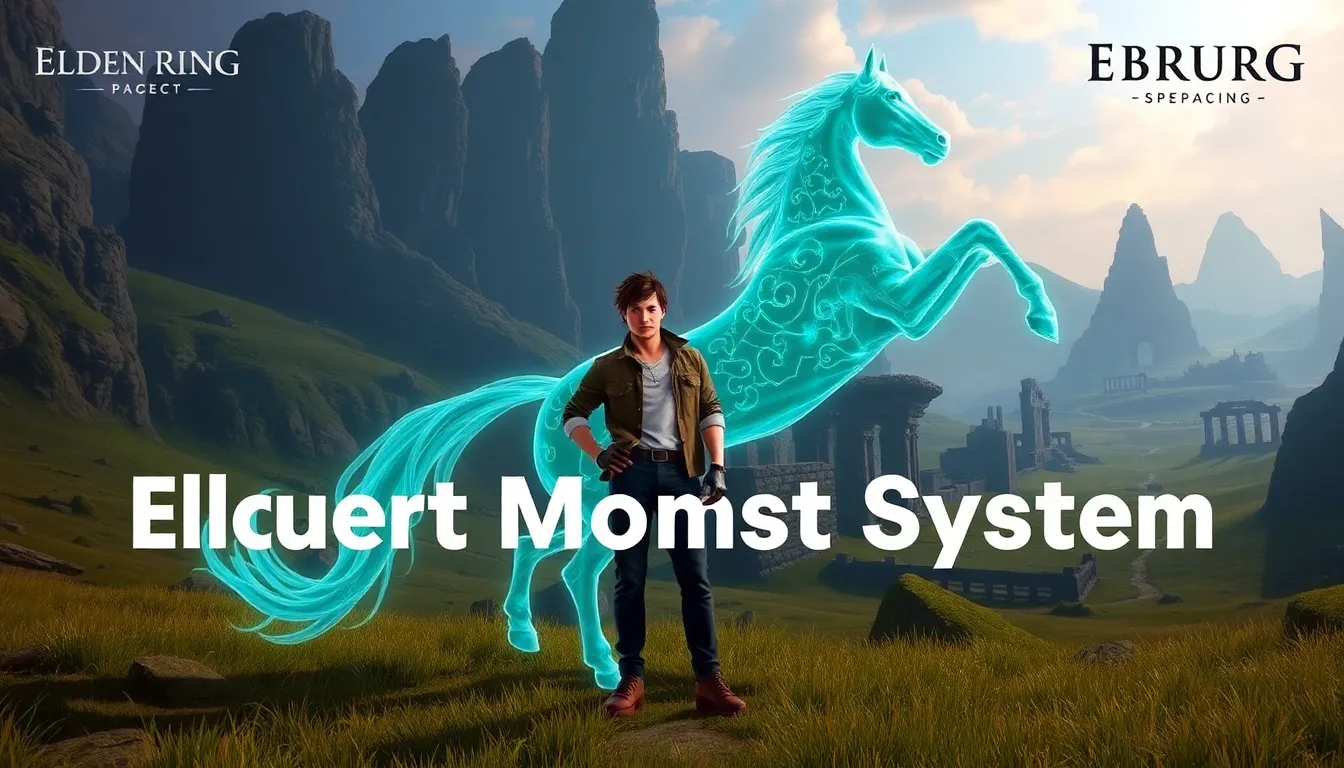 gamer beside a glowing spectral horse in a fantasy landscape.