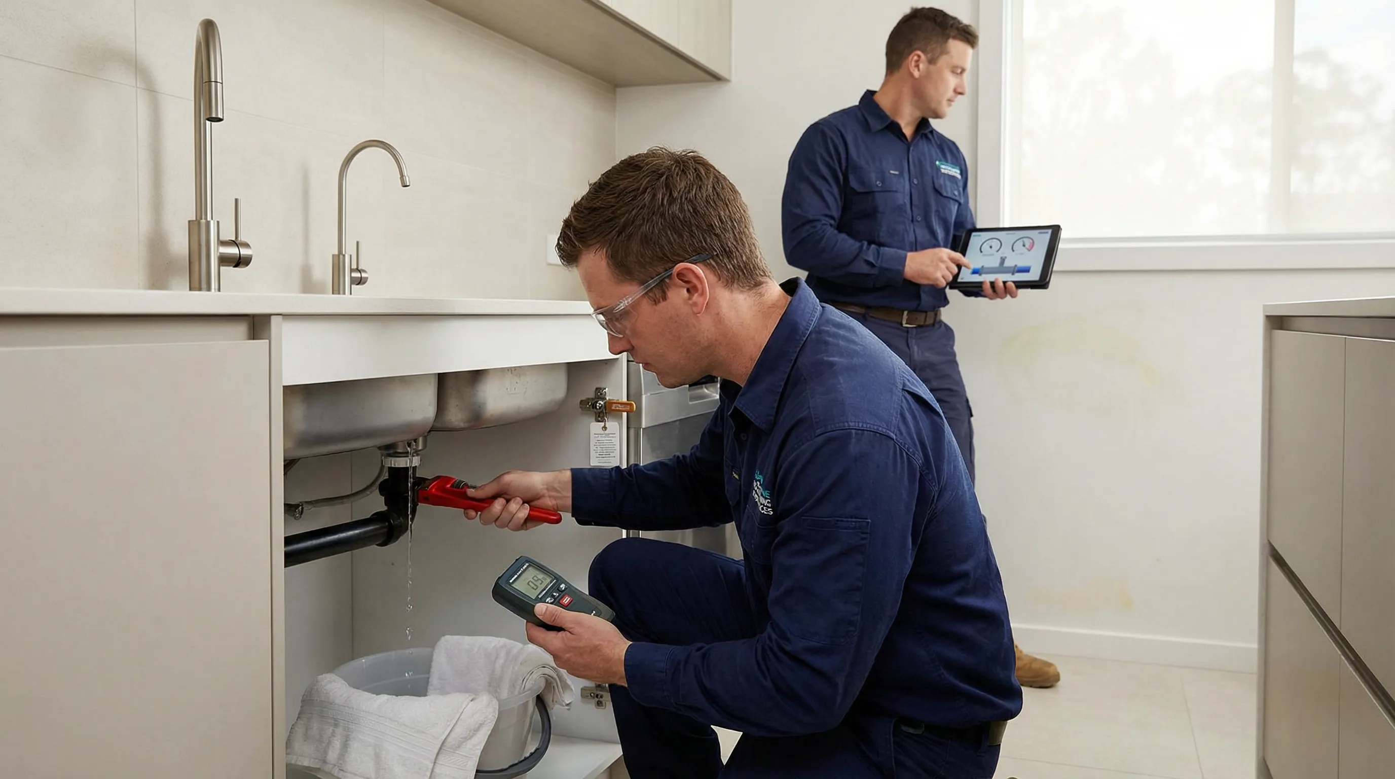 Licensed Brisbane plumber shutting off water and diagnosing a household leak.