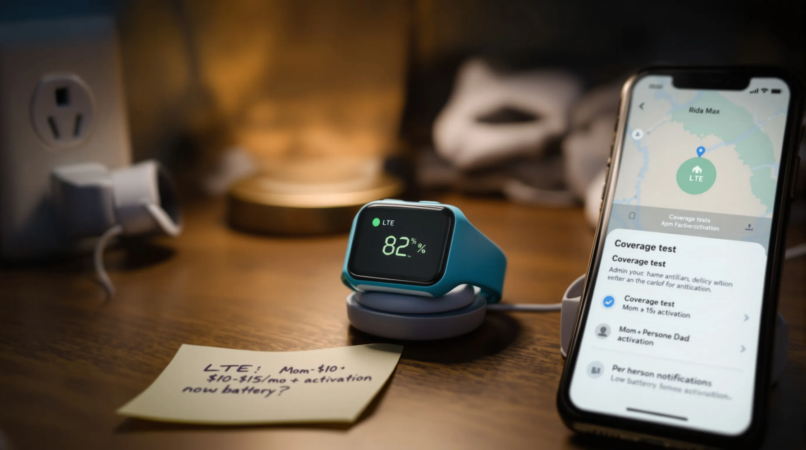 Kids’ GPS smartwatch charging by bed with app screens and coverage map.