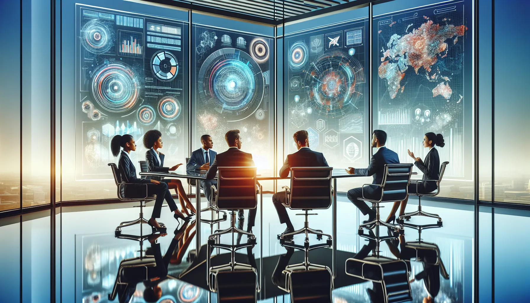 professionals collaborating on data encoding technologies in a modern office.